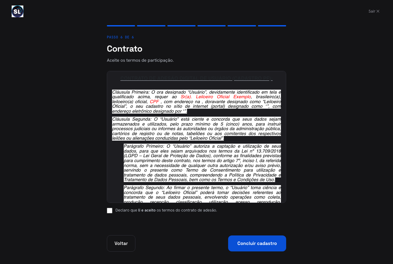 Cadastro — contrato de adesão