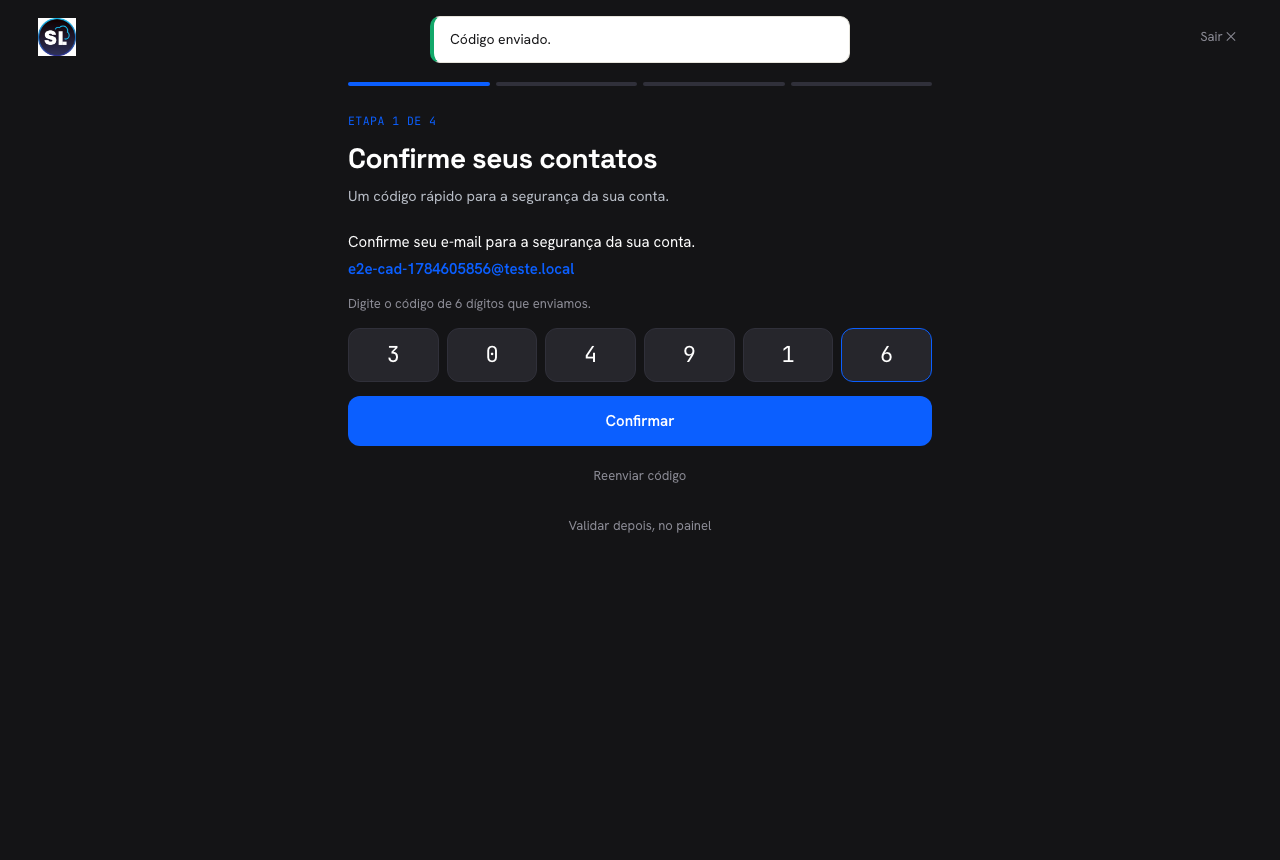 Cadastro — código de validação