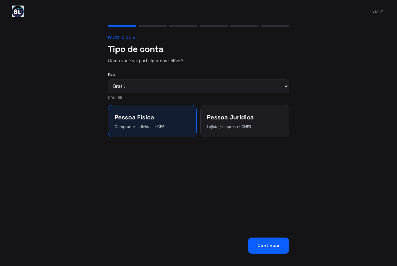 Cadastro — tipo de conta