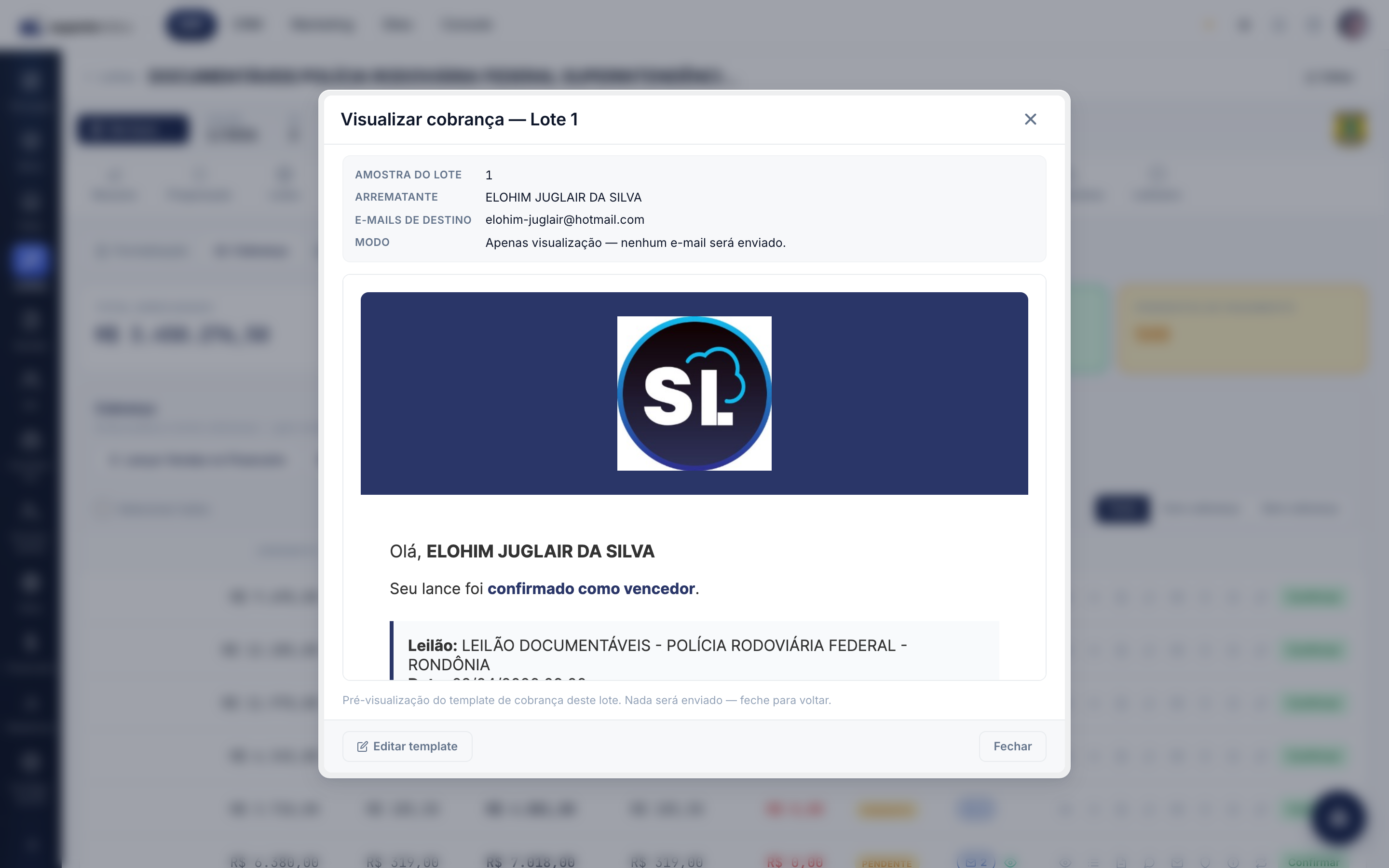Preview da cobrança