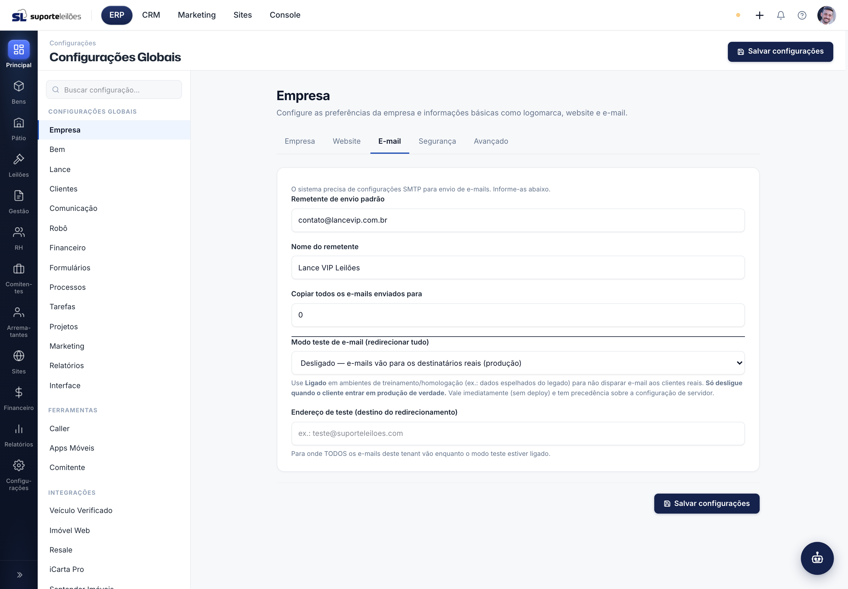 Modo teste de e-mail