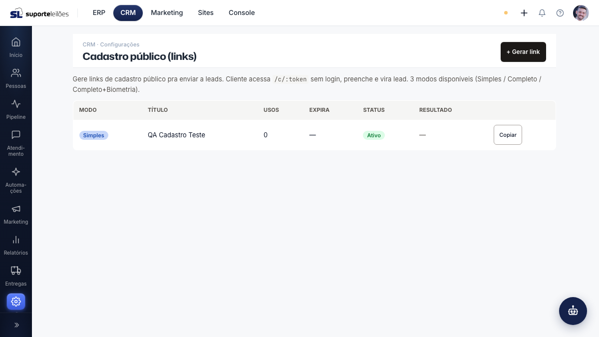 Cadastro público (links)