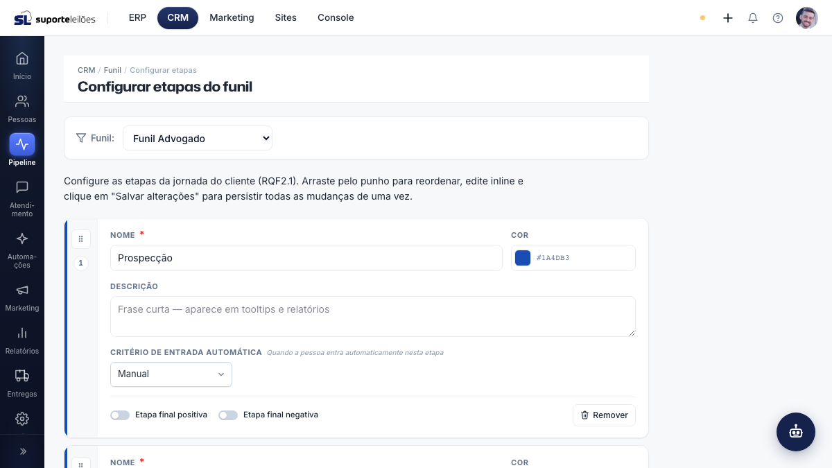 Configurar etapas do funil