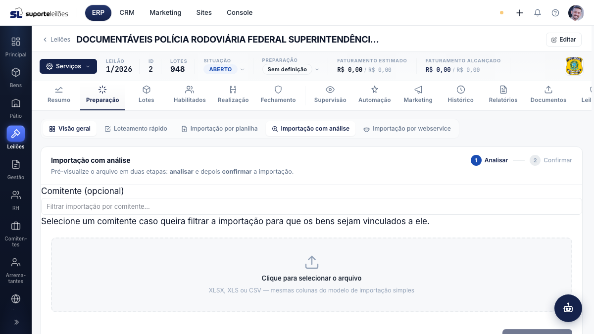 Importação com análise