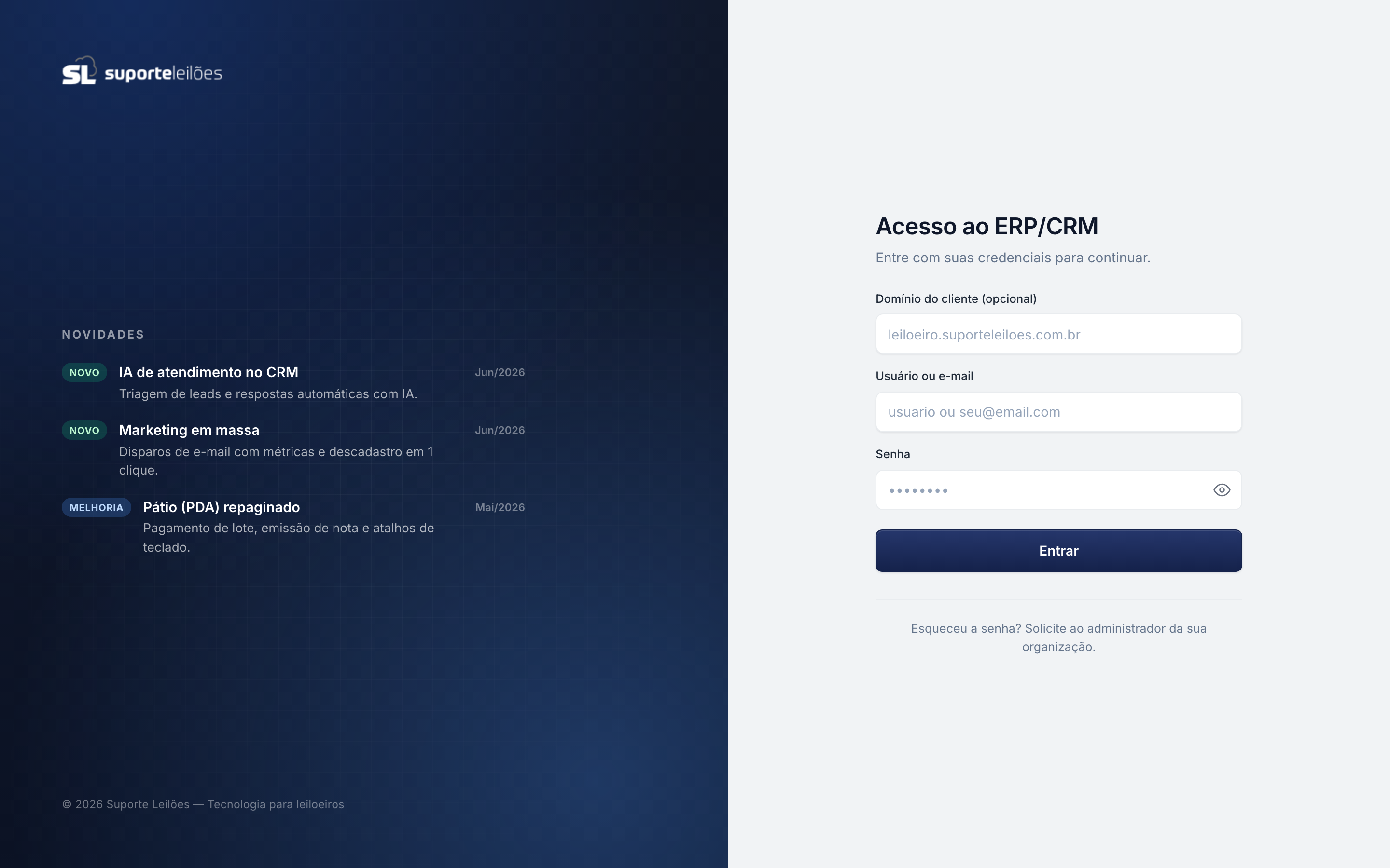 Tela de login do Suporte Leilões