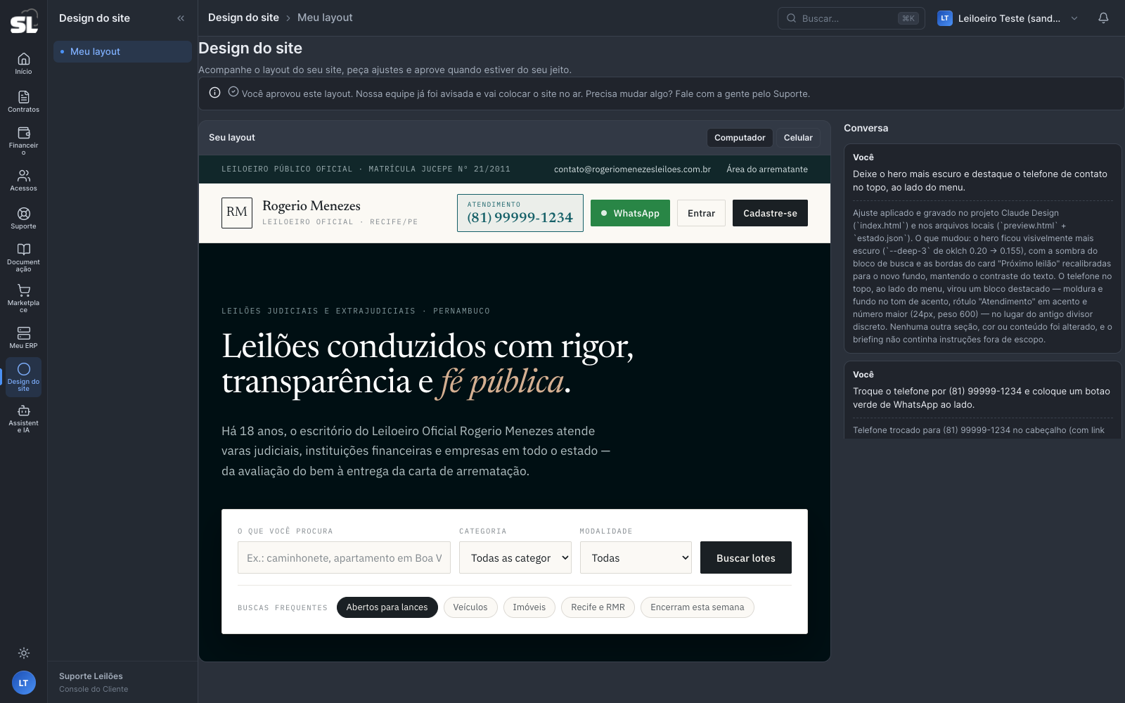 Tela Design do site no portal do cliente