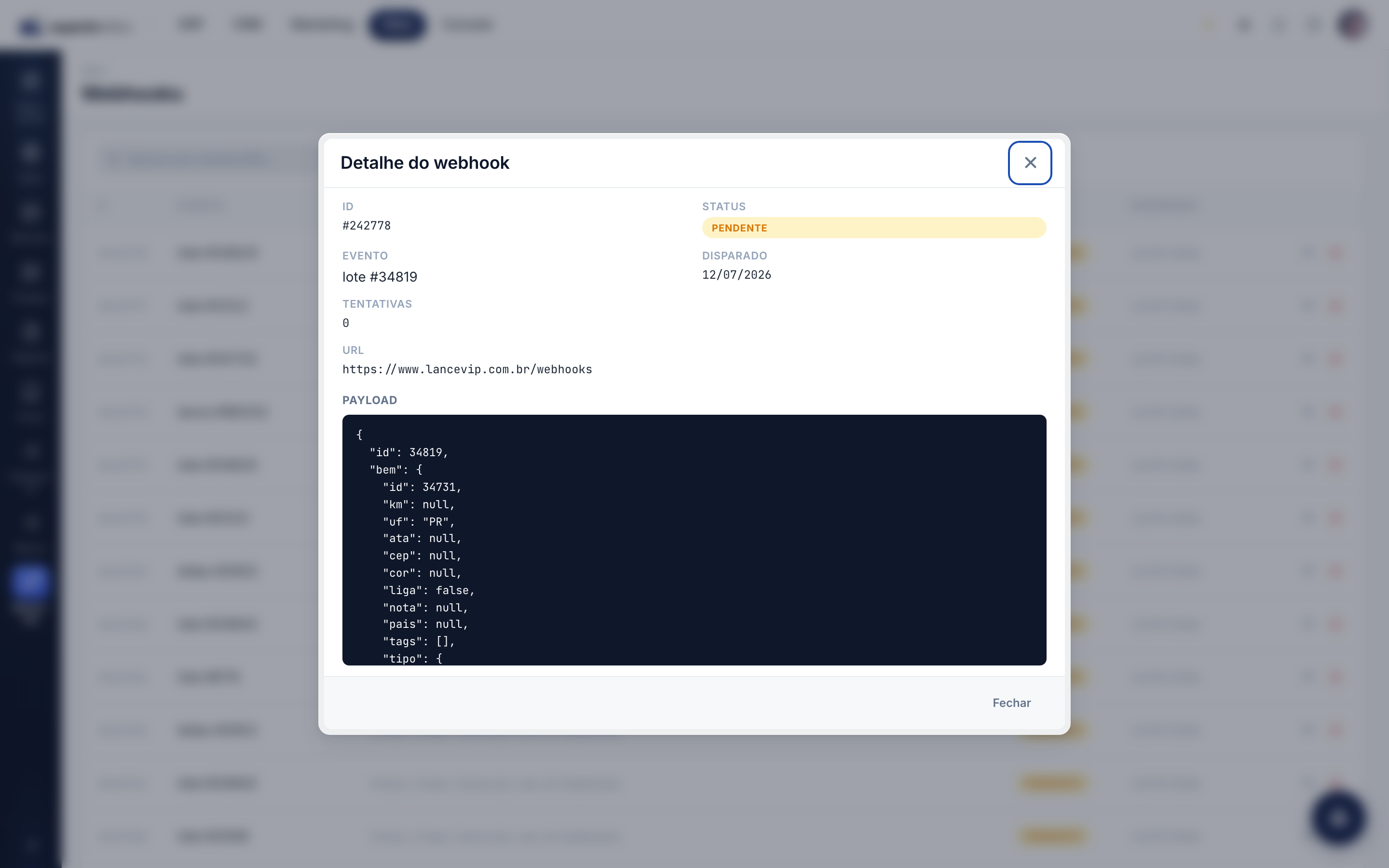 Detalhe do webhook