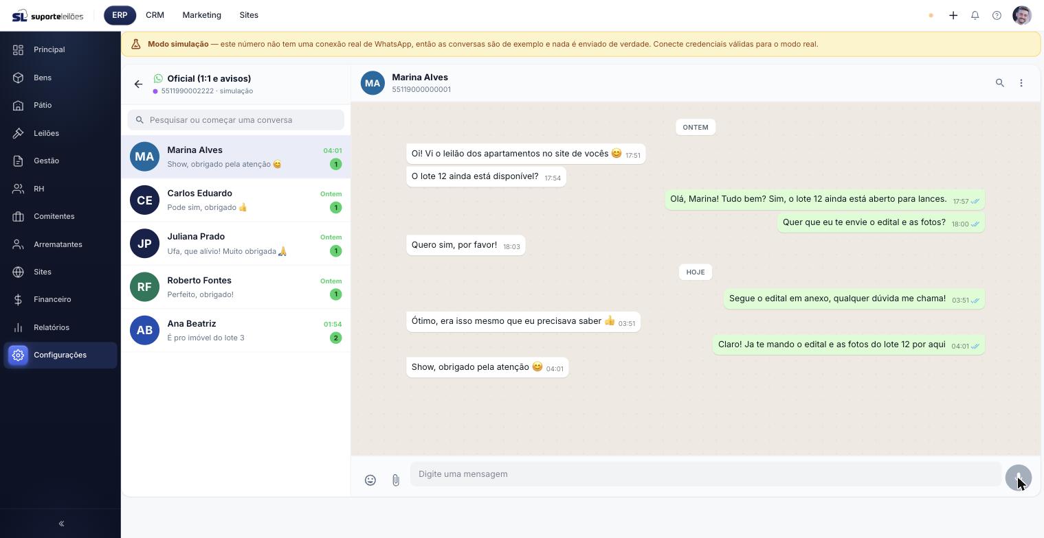 WhatsApp Web do número — lista de conversas e conversa aberta